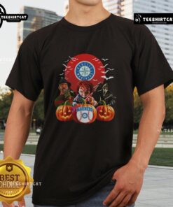 Official Seattle Mariners MLB Horror Movie Halloween T-Shirt featuring spooky graphics and team logo for fans.