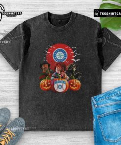 Official Seattle Mariners MLB horror movie Halloween washed t-shirt featuring spooky graphics and team logo design.