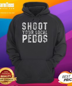 Official 'Shoot Your Local Pedos' hoodie on display, featuring bold graphic design in a stylish urban setting.