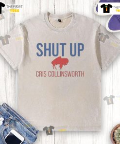 Official Shut Up Cris Collinsworth Buffalo Bills washed t-shirt featuring team logo and vintage design in blue.