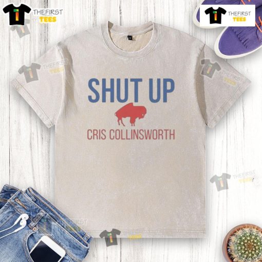 Official Shut Up Cris Collinsworth Buffalo Bills washed t-shirt featuring team logo and vintage design in blue.