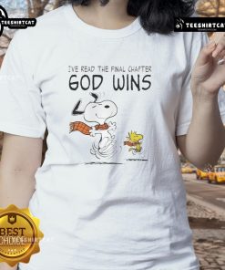 Official Snoopy and Woodstock IVe Read The Final Chapter God Wins Ladies Tee featuring vibrant graphics and playful design.