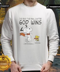 Official Snoopy and Woodstock sweatshirt featuring 'I've Read The Final Chapter, God Wins' design in vibrant colors.