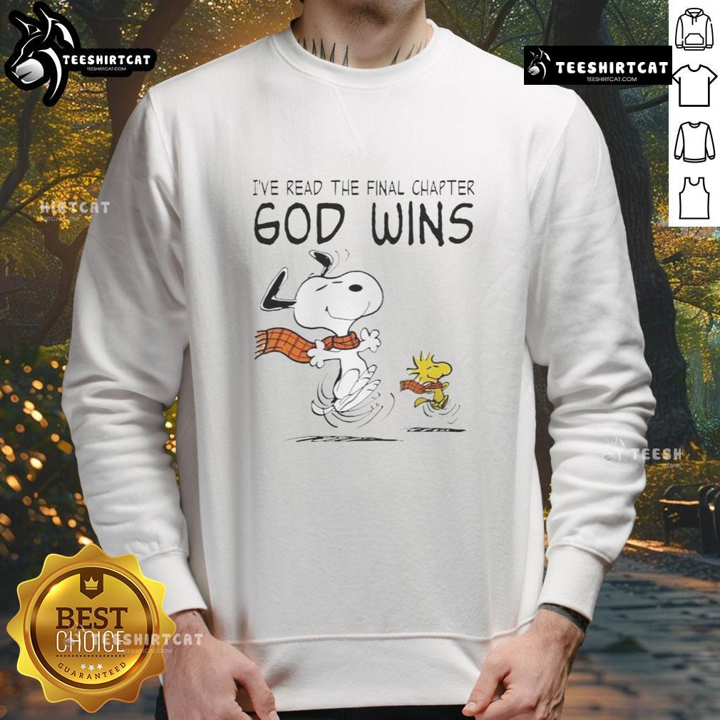 Official Snoopy And Woodstock I’Ve Read The Final Chapter God Wins Sweatshirt Official Snoopy and Woodstock sweatshirt featuring 'I've Read The Final Chapter, God Wins' design in vibrant colors.
