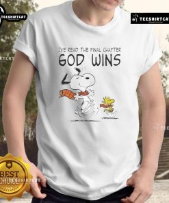 Official Snoopy and Woodstock 'I've Read The Final Chapter, God Wins' T-Shirt featuring colorful cartoon design.