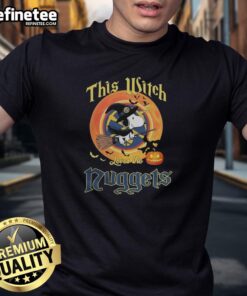 Alt Text: Official Snoopy Halloween t-shirt featuring This Witch Loves The Denver Nuggets design, perfect for fans.