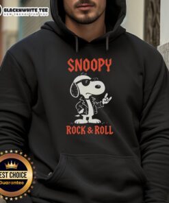 Alt Text: Official Snoopy Rock and Roll Hoodie featuring vibrant graphics of Snoopy playing guitar, perfect for music fans.
