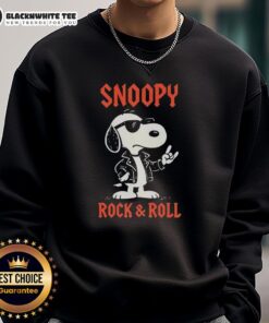 Official Snoopy Rock and Roll Sweatshirt featuring a vibrant graphic of Snoopy playing guitar in a fun design.