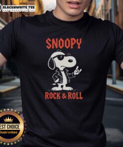 Official Snoopy Rock And Roll T-Shirt featuring Snoopy in a cool rock pose, perfect for fans of Peanuts and music.