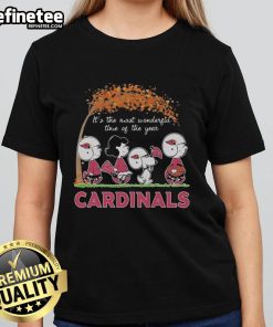 Alt Text: Official Snoopy The Peanuts Arizona Cardinals walking ladies tee, perfect for celebrating the holiday season.