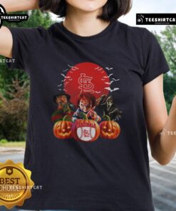 Official St. Louis Cardinals MLB horror movie Halloween ladies tee featuring spooky graphics for fans and trick-or-treaters.