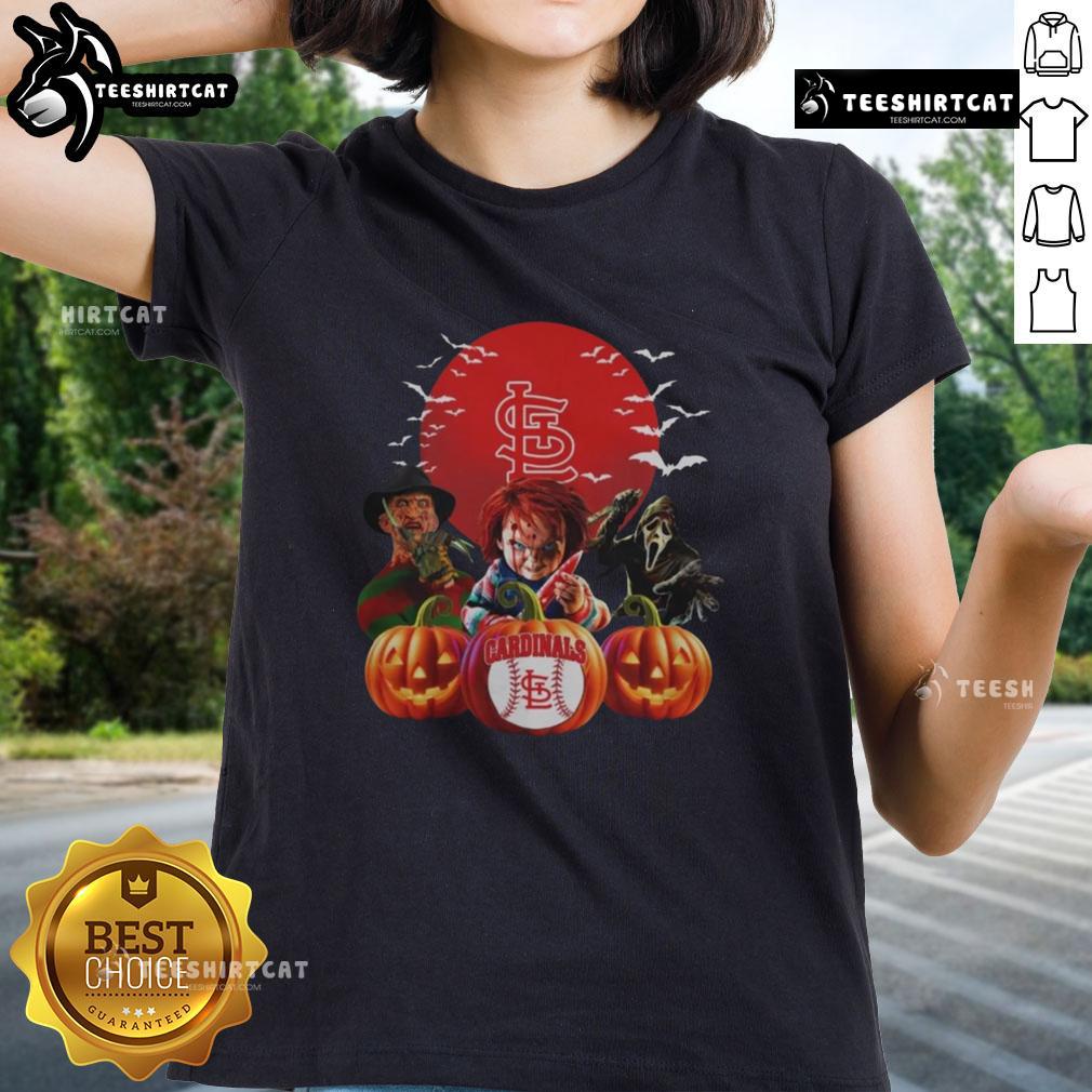 Official St. Louis Cardinals Mlb Horror Movie Halloween Ladies Tee Official St. Louis Cardinals MLB horror movie Halloween ladies tee featuring spooky graphics for fans and trick-or-treaters.