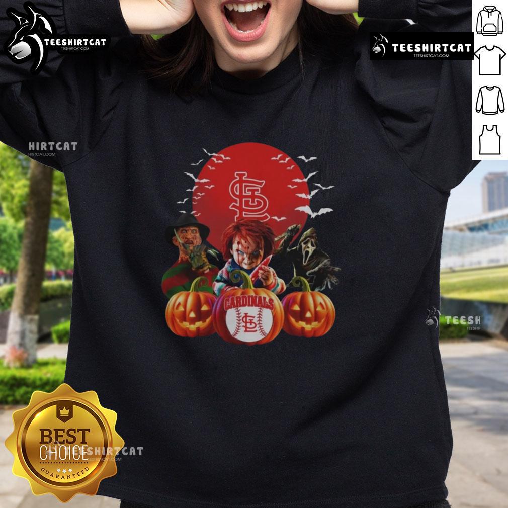 Official St. Louis Cardinals Mlb Horror Movie Halloween Sweatshirt Alt Text: Official St. Louis Cardinals MLB Horror Movie Halloween Sweatshirt featuring spooky graphics and team logo.