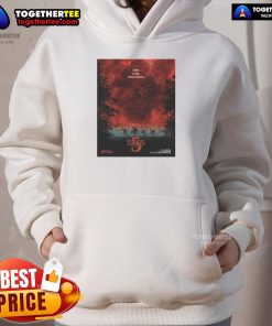 Official Stranger Things Season 5 hoodie featuring villain design with dramatic red sky lighting effect.