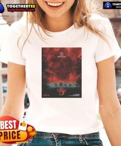 Official Stranger Things Season 5 tee featuring a villain under dramatic red sky lighting for one last adventure.