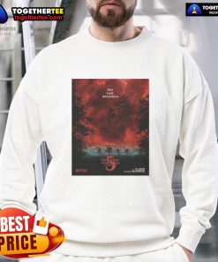 Official Stranger Things Season 5 sweatshirt featuring villain design with dramatic red sky lighting for one last adventure.