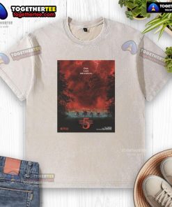 Alt Text: Official Stranger Things Season 5 One Last Adventure t-shirt featuring a villain design and dramatic red sky lighting.