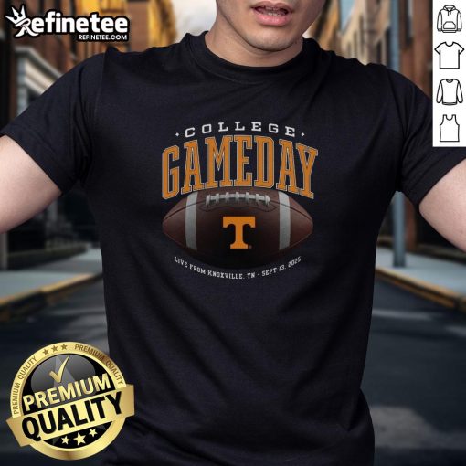 Official Tennessee Volunteers College Gameday T-Shirt from Knoxville, TN, featuring vibrant team colors and logo, Sept 13, 2025.