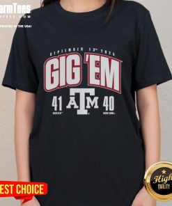 Alt Text: Official Texas A&M Aggies vs Notre Dame Fighting Irish 2025 score ladies tee featuring team logos and vibrant design.