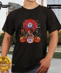 Official Texas Rangers MLB horror movie Halloween T-shirt featuring spooky graphics and team logo, perfect for fans.
