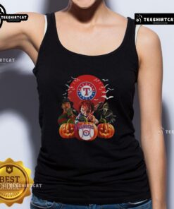 Official Texas Rangers MLB Halloween tank top featuring a spooky design perfect for horror movie fans and baseball lovers.