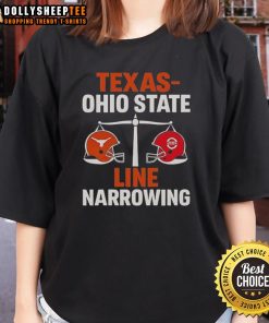 Official Texas vs. Ohio State 2025 line narrowing ladies tee, featuring stylish design and team colors for fans.