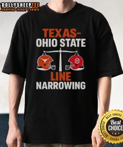 Official Texas Vs Ohio State 2025 Line Narrowing T-Shirt featuring team logos and bold graphics for fans.
