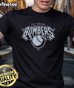 Alt Text: Official The Bronx Bombers New York Yankees T-Shirt featuring team logo and classic design in navy blue.