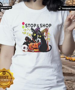 Black cat and pumpkin graphic on Halloween ladies tee from Official The Stop And Supermarket, perfect for spooky season.