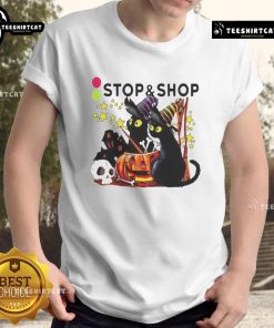 Black cat witch with pumpkin at haunted house on Official The Stop And Supermarket Halloween T-shirt design.