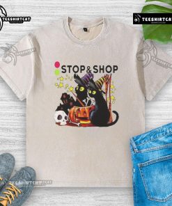 Official black cat witch pumpkin haunted house Halloween washed t-shirt for spooky season style.