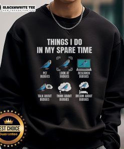 Alt Text: Official Things I Do In My Spare Time sweatshirt for budgie parakeet bird lovers, featuring colorful bird graphics.