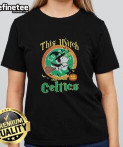 Official This Witch Loves The Boston Celtics Snoopy Halloween Ladies Tee featuring a playful witch with Celtics colors.
