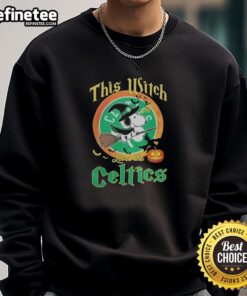 Official Snoopy Halloween sweatshirt featuring 'This Witch Loves The Boston Celtics' design, perfect for fans and spooky season.