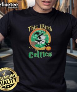 Official This Witch Loves The Boston Celtics Snoopy Halloween T-Shirt featuring a playful witch and Snoopy design.