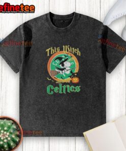 Alt Text: Official 'This Witch Loves The Boston Celtics' Snoopy Halloween T-Shirt in washed style, perfect for festive fans.