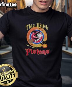 Alt Text: Official This Witch Loves The Detroit Pistons Snoopy Halloween T-Shirt featuring Snoopy in a witch hat with Pistons logo.