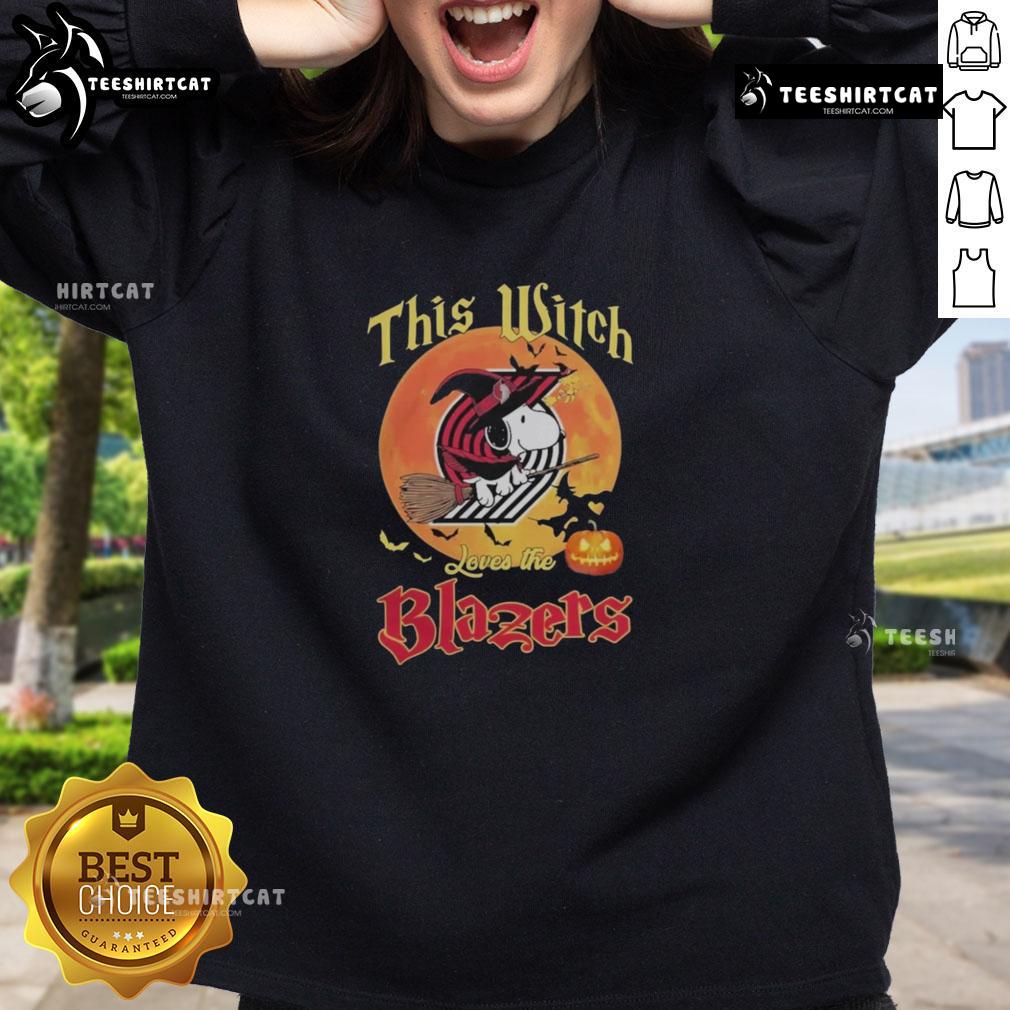 Official This Witch Loves The Portland Trail Blazers Snoopy Halloween Sweatshirt Alt Text: Official Snoopy Halloween sweatshirt for fans, featuring 'This Witch Loves the Portland Trail Blazers' design.