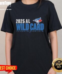 Official Toronto Blue Jays 2025 MLB Playoffs American League Wild Card ladies tee featuring team logo and vibrant design.