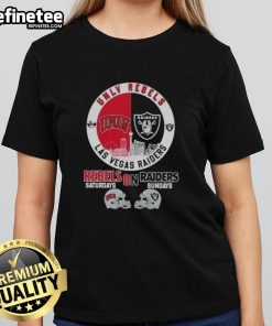 UNLV Rebels and Las Vegas Raiders football helmets on a skyline background, featured on a ladies' tee shirt.