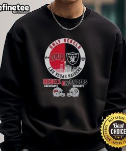 UNLV Rebels and Las Vegas Raiders football helmets on a skyline sweatshirt, perfect for game day attire.