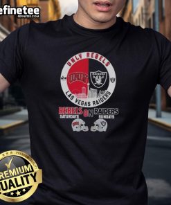 Official UNLV Rebels Saturdays & Las Vegas Raiders Sundays T-shirt featuring football helmets and a skyline design.