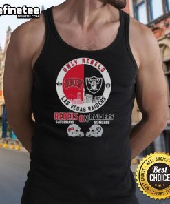 Alt Text: UNLV Rebels and Las Vegas Raiders football helmets featured on a skyline tank top, perfect for game day attire.