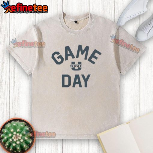 Alt Text: Official Utah State Aggies Game Day Logo on a College Washed T-Shirt, perfect for fans and college sports enthusiasts.