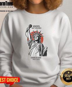 Alt Text: Charlie Kirk 1993-2025 sweatshirt featuring Statue of Liberty, promoting 'Official Voices Not Violence' message.