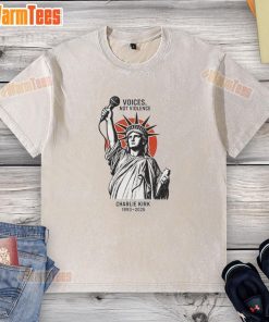 Official Voices Not Violence Charlie Kirk 1993-2025 Statue of Liberty washed t-shirt showcasing a bold design.