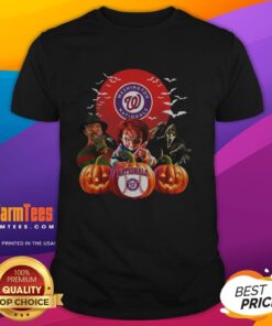 Official Washington Nationals MLB Horror Movie Halloween T-Shirt featuring spooky graphics and team logo for fans.