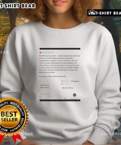 Official 'We Will Never Be Back at This Restaurant' sweatshirt featuring bold text design, perfect for expressing dining frustrations.