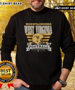 Alt Text: Official West Virginia Mountaineers Stripe Splash Sweatshirt in navy and gold, perfect for game day or casual wear.