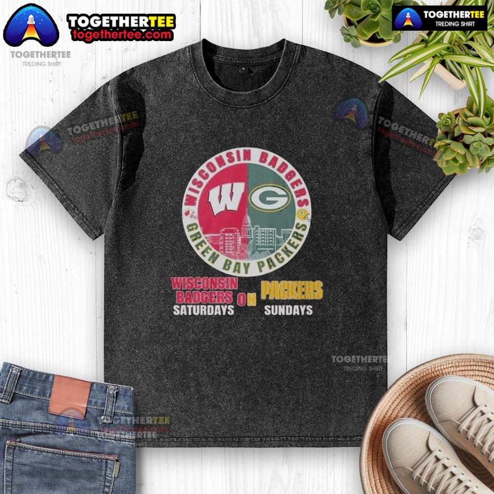 Official Wisconsin Badgers Saturdays Green Bay Packers On Sundays 2025 Forever NFL Washed T-Shirt Alt Text: Official Wisconsin Badgers washed t-shirt for NFL fans, perfect for Green Bay Packers Sundays in 2025.